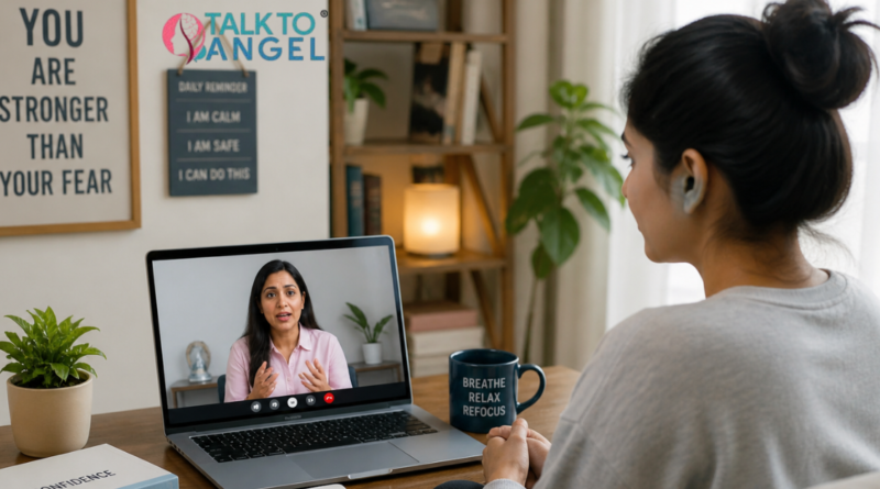Person attending online therapy for phobias on laptop, managing anxiety calmly at home