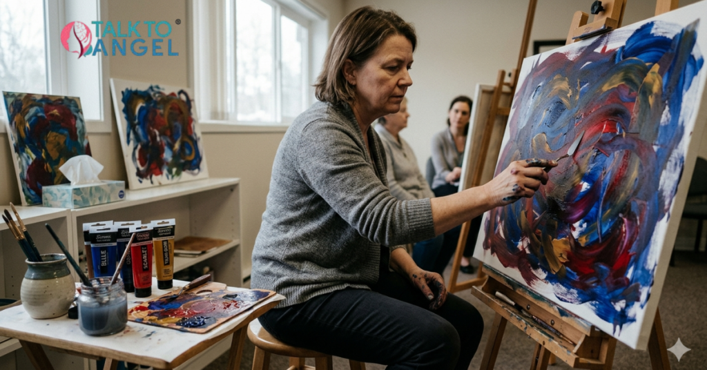 Person painting emotions on canvas during art therapy session to cope with trauma