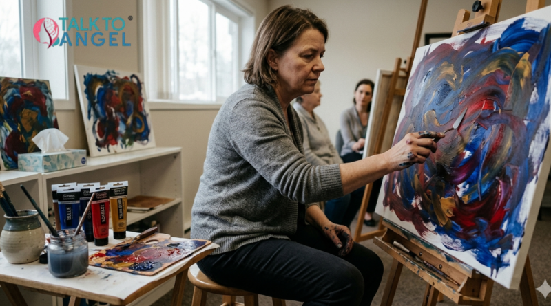 Person painting emotions on canvas during art therapy session to cope with trauma
