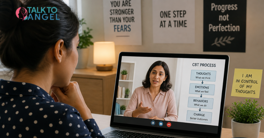 Person in online CBT session overcoming irrational fears with therapist guidance