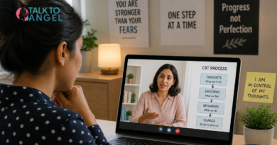Person in online CBT session overcoming irrational fears with therapist guidance