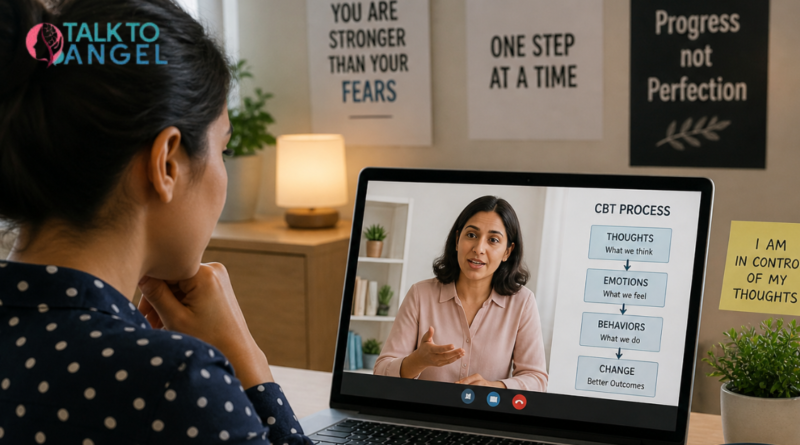 Person in online CBT session overcoming irrational fears with therapist guidance
