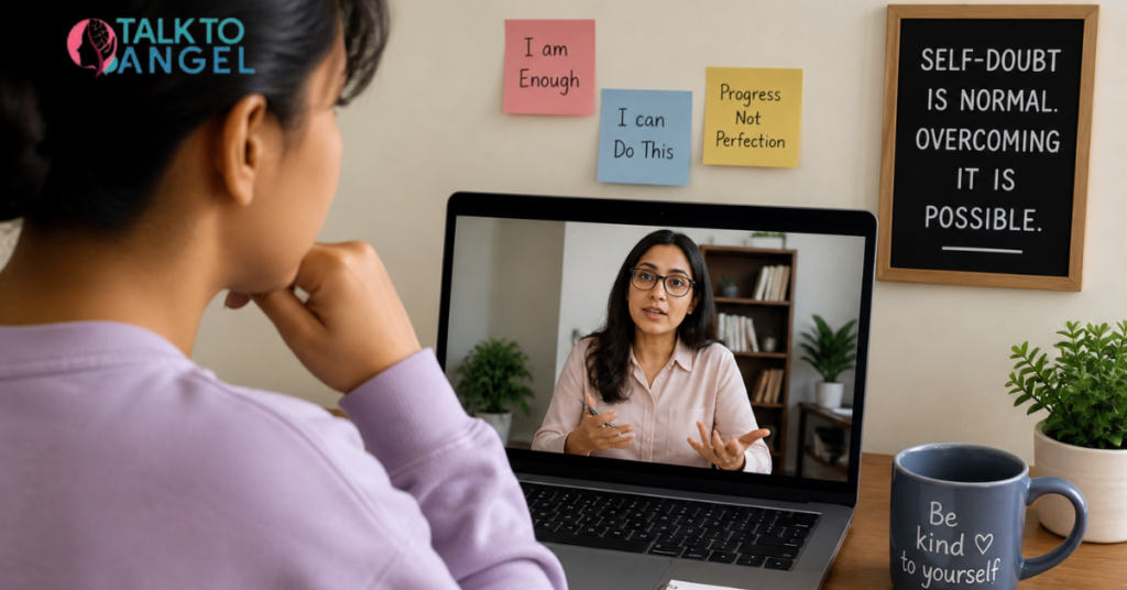 Person attending session with online psychologist on laptop, working on self-confidence & overcoming self-doubt