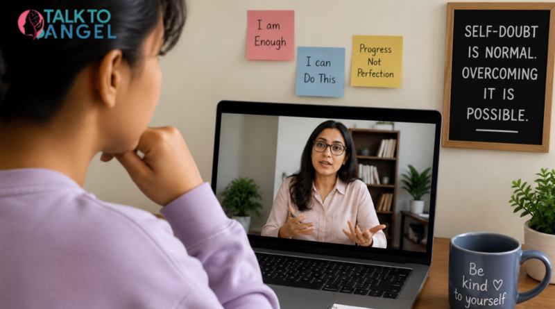 Person attending session with online psychologist on laptop, working on self-confidence & overcoming self-doubt
