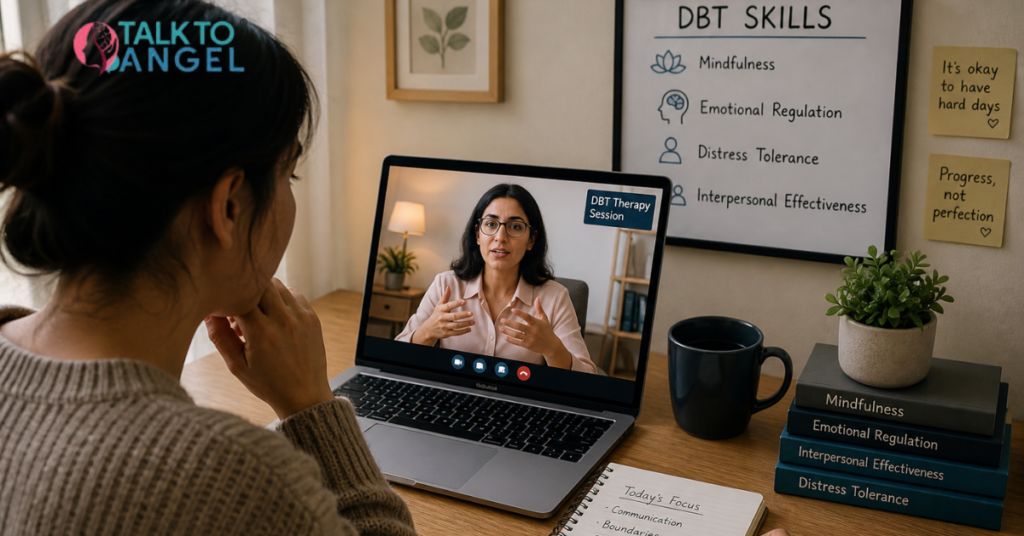 Person attending online DBT therapy session, improving communication and managing relationship emotions
