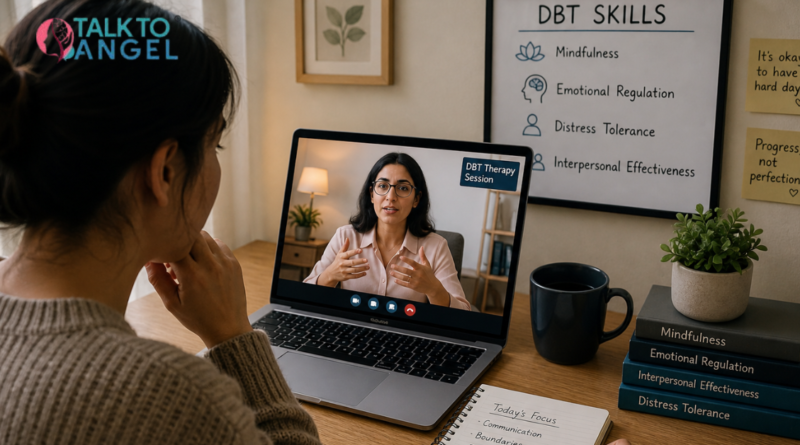 Person attending online DBT therapy session, improving communication and managing relationship emotions