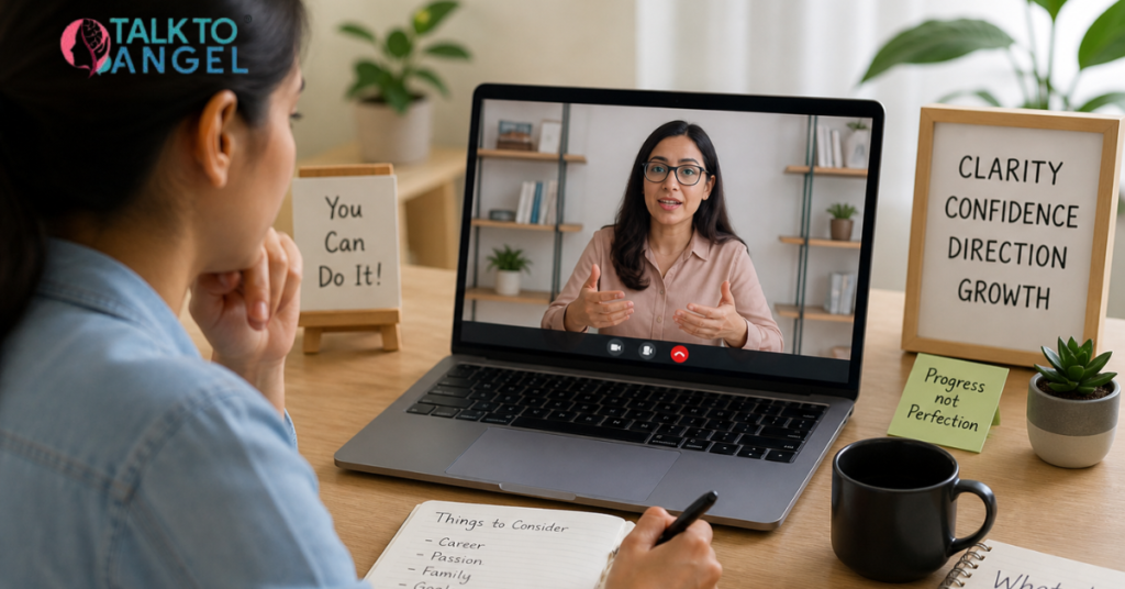 Person using laptop for guidance from an online clinical psychologist to gain clarity in life decisions