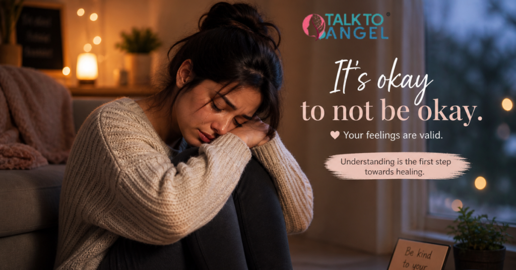 Person sitting alone, tearful and overwhelmed, reflecting signs of unexplained sadness and depression