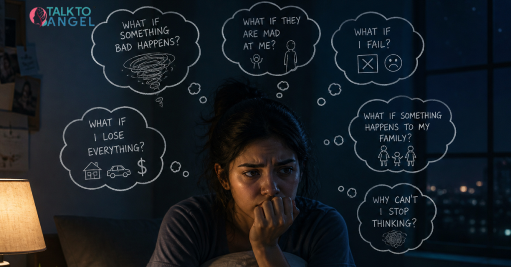 Person overthinking at night, feeling anxious and imagining worst-case scenarios due to anxiety