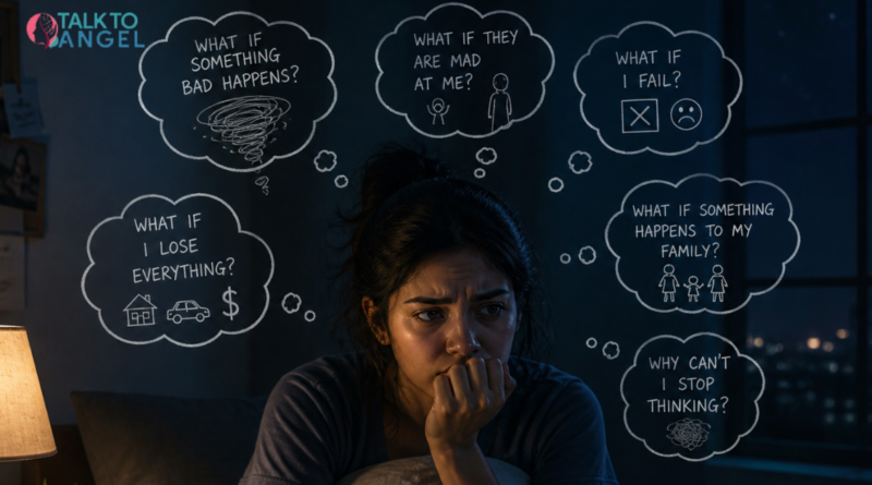Person overthinking at night, feeling anxious and imagining worst-case scenarios due to anxiety