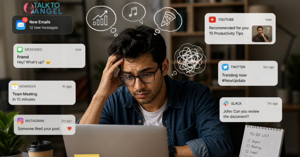 Adult working on laptop, distracted by notifications, symbolizing ADHD focus struggles