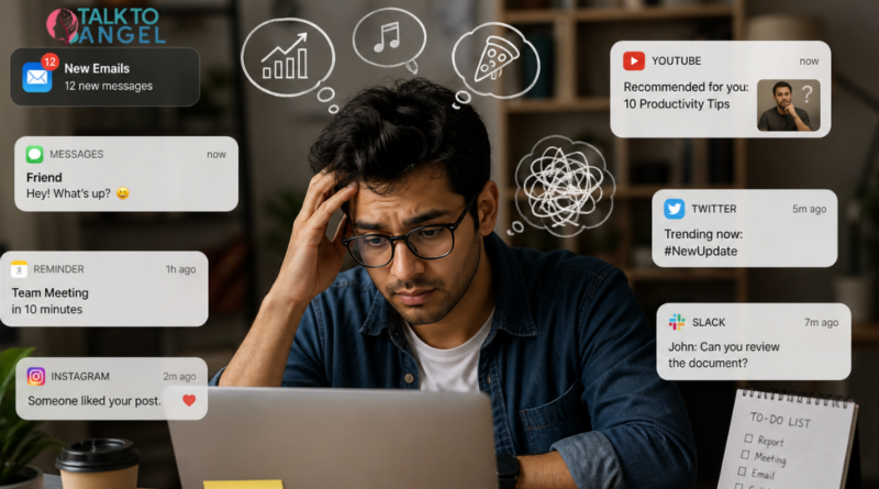Adult working on laptop, distracted by notifications, symbolizing ADHD focus struggles