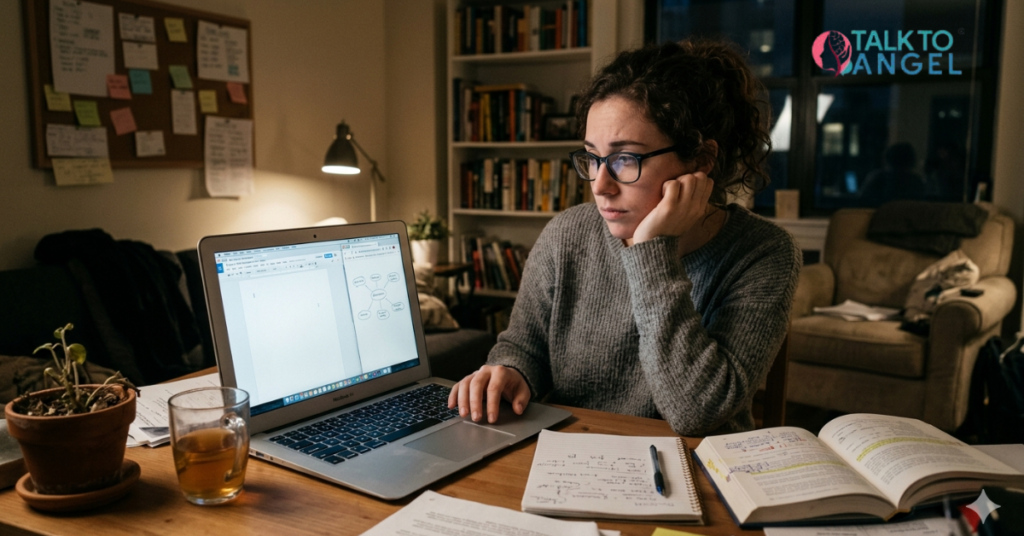 Person looking thoughtful at laptop during online counselling, symbolizing struggle with motivation and untapped potential