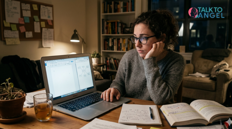 Person looking thoughtful at laptop during online counselling, symbolizing struggle with motivation and untapped potential