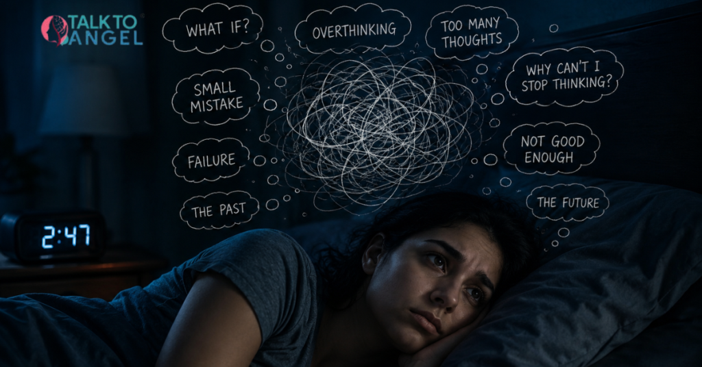 Person lying awake at night, overwhelmed by racing thoughts and stress