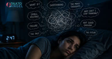 Person lying awake at night, overwhelmed by racing thoughts and stress