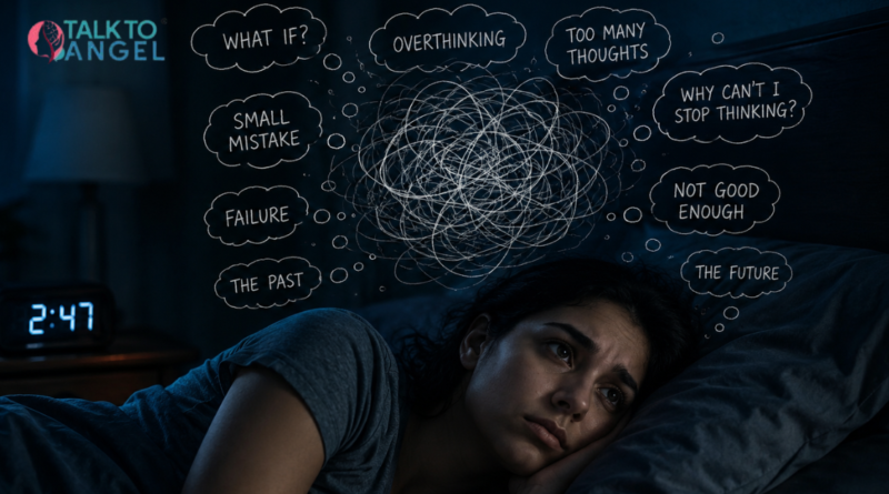 Person lying awake at night, overwhelmed by racing thoughts and stress