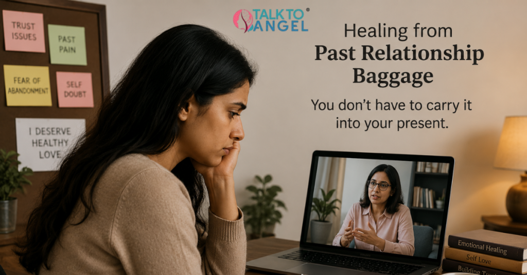 Woman reflecting on past relationship pain during a relationship counselling session.
