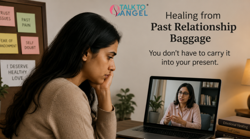 Woman reflecting on past relationship pain during a relationship counselling session.