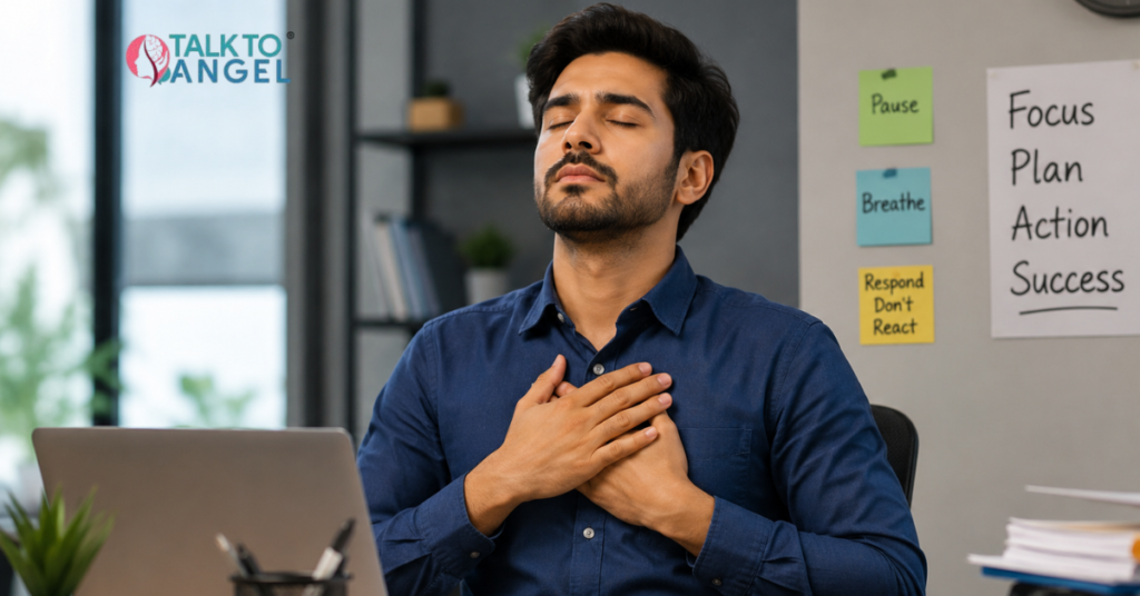 Person holding head in stress, showing irritability & struggling with emotional control