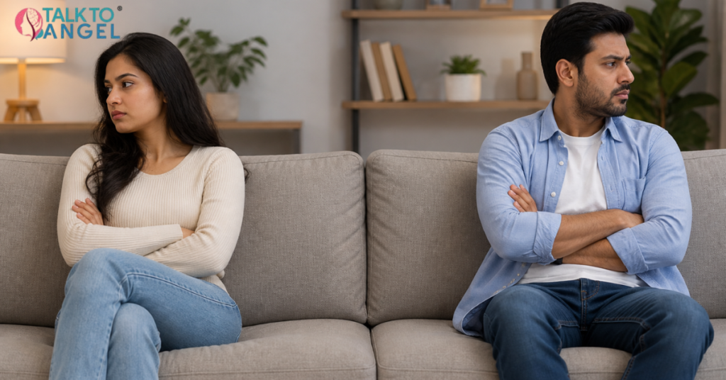 Couple sitting apart on sofa, showing emotional distance & lack of intimacy in relationship