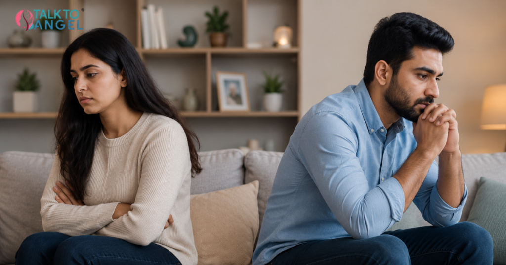 Couple sitting apart looking tense, reflecting emotional distance, communication issues, & the need for couples therapy