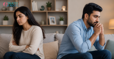 Couple sitting apart looking tense, reflecting emotional distance, communication issues, & the need for couples therapy