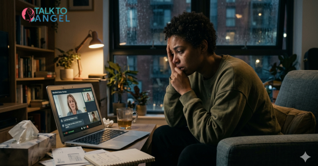 Woman sitting thoughtfully during online therapy session for emotional support and coping skills