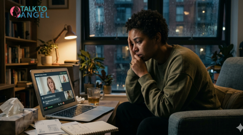 Woman sitting thoughtfully during online therapy session for emotional support and coping skills