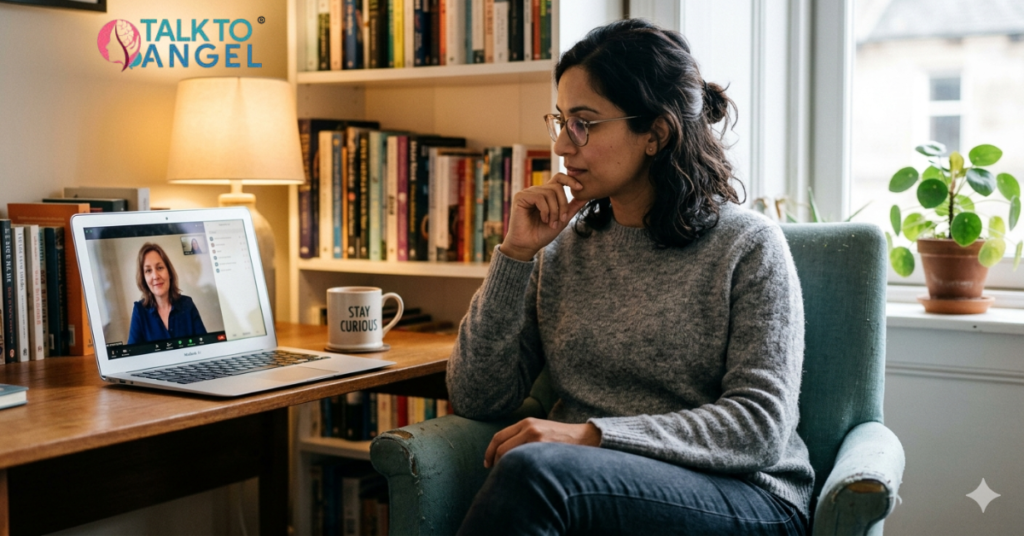 Person sitting alone struggling with mental health issues, seeking online counseling support