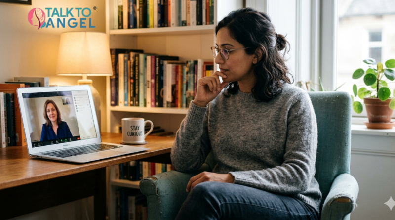 Person sitting alone struggling with mental health issues, seeking online counseling support