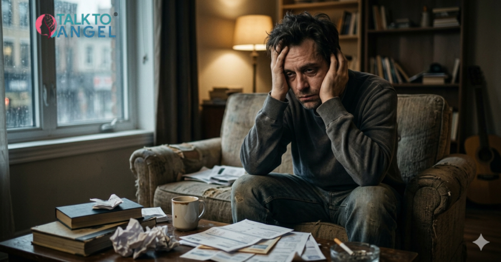 Emotionally exhausted person talking to an online counselor while feeling mentally drained and overwhelmed