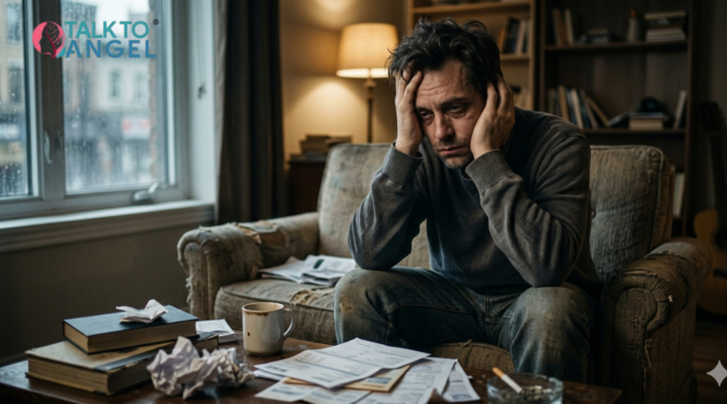 Emotionally exhausted person talking to an online counselor while feeling mentally drained and overwhelmed