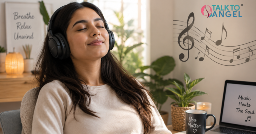 Woman relaxing with headphones, experiencing calm through music therapy for stress relief