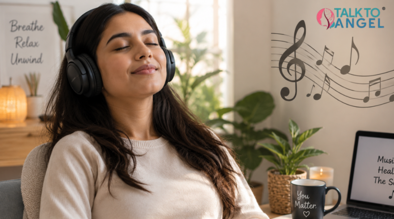 Woman relaxing with headphones, experiencing calm through music therapy for stress relief
