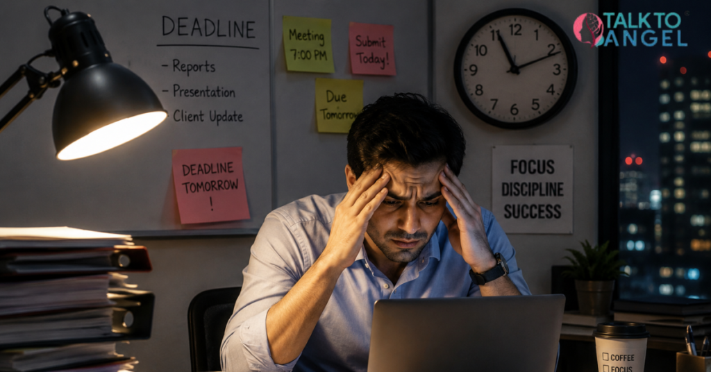Stressed employee working late under deadline pressure while feel anxiety and overwhelmed