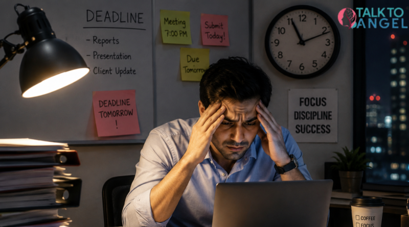 Stressed employee working late under deadline pressure while feel anxiety and overwhelmed