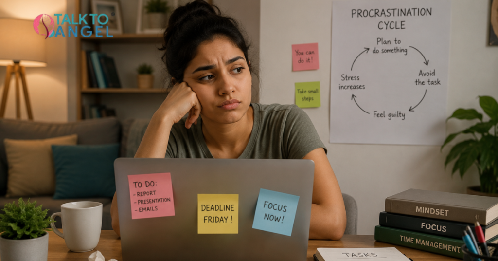 Young professional struggling with procrastination while working on a laptop and thinking to start Behavioural Therapy