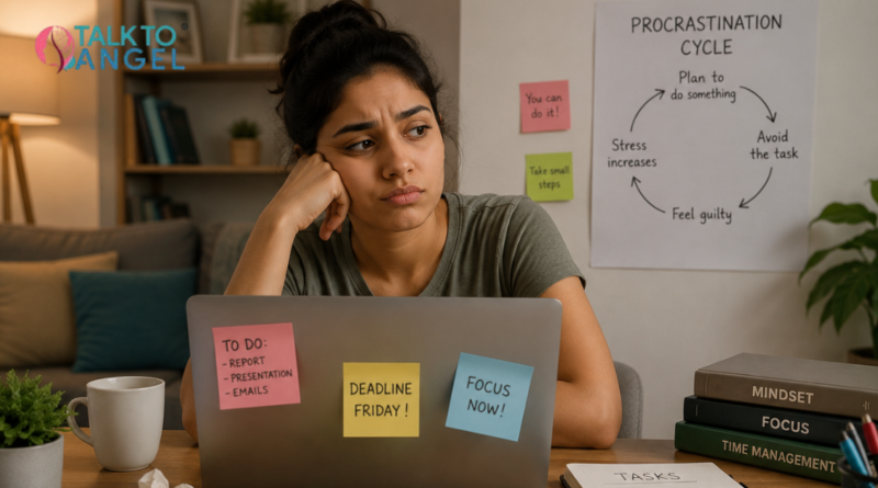 Young professional struggling with procrastination while working on a laptop and thinking to start Behavioural Therapy
