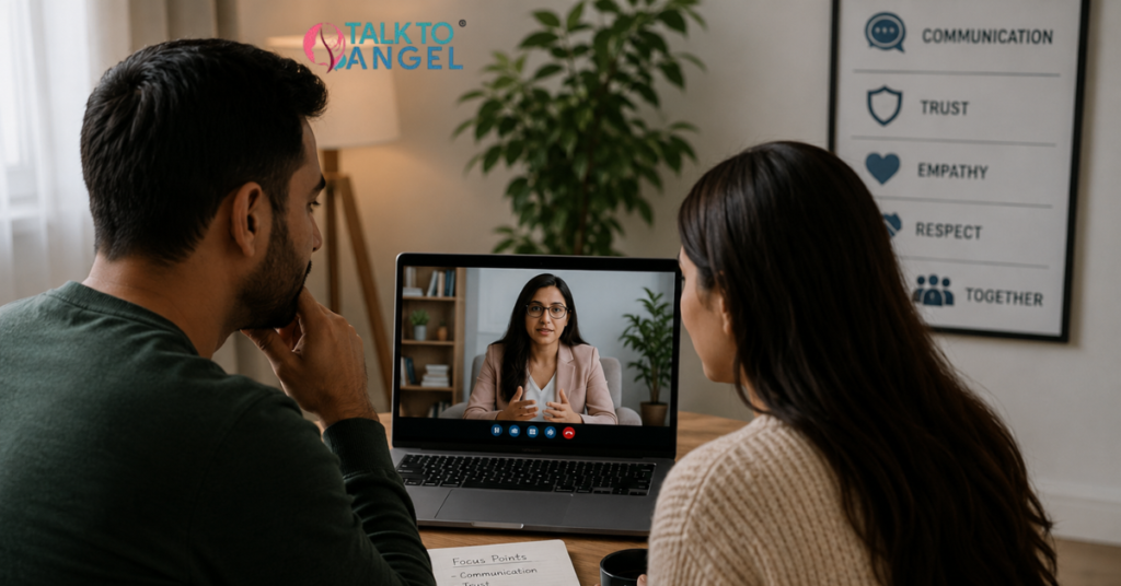 Couple attending an online couples counselling session to rebuild trust and improve communication in their relationship.