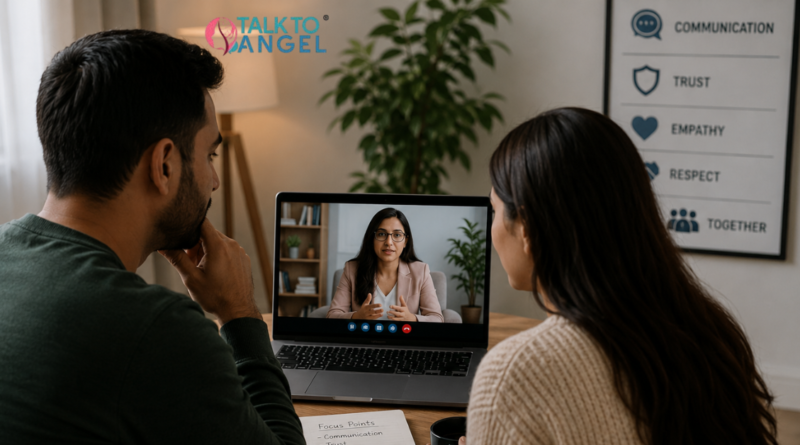 Couple attending an online couples counselling session to rebuild trust and improve communication in their relationship.