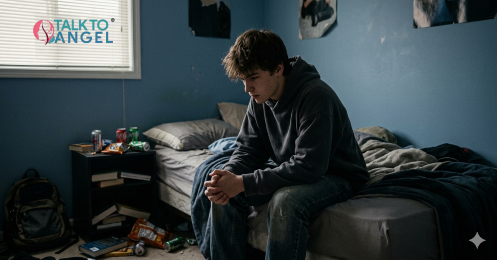 Teen sitting alone, showing signs of adolescent depression, social isolation, and emotional distress