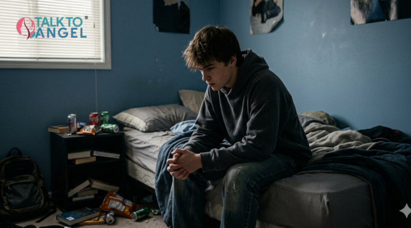 Teen sitting alone, showing signs of adolescent depression, social isolation, and emotional distress