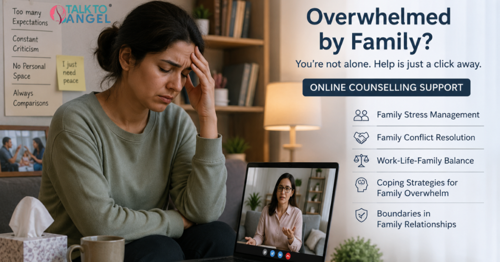 Woman sitting alone feeling emotionally overwhelmed after family stress while attending an online counselling session.