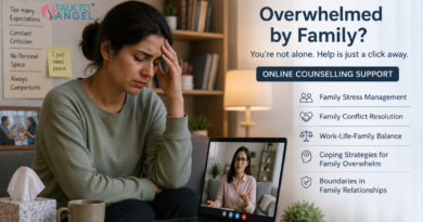 Woman sitting alone feeling emotionally overwhelmed after family stress while attending an online counselling session.