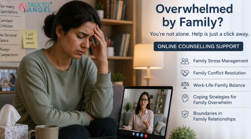 Woman sitting alone feeling emotionally overwhelmed after family stress while attending an online counselling session.