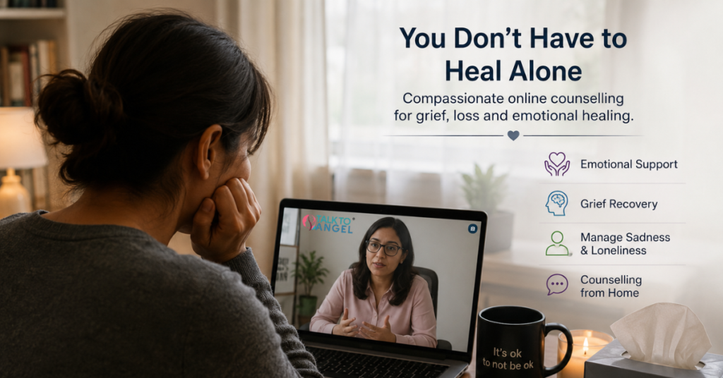 Person attending an online grief counselling session while coping with emotional pain after bereavement.