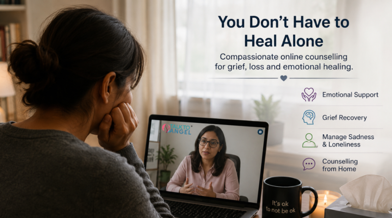 Person attending an online grief counselling session while coping with emotional pain after bereavement.