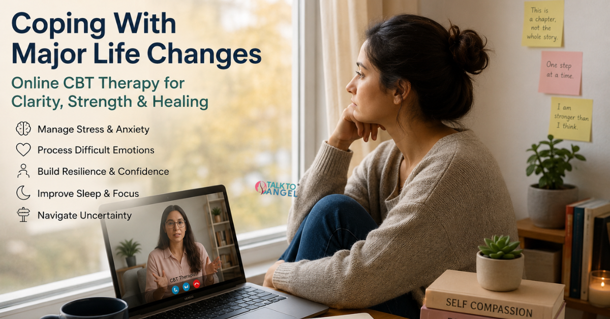 Person sitting thoughtfully by a window during a major life transition, receiving online CBT therapy support on a laptop.