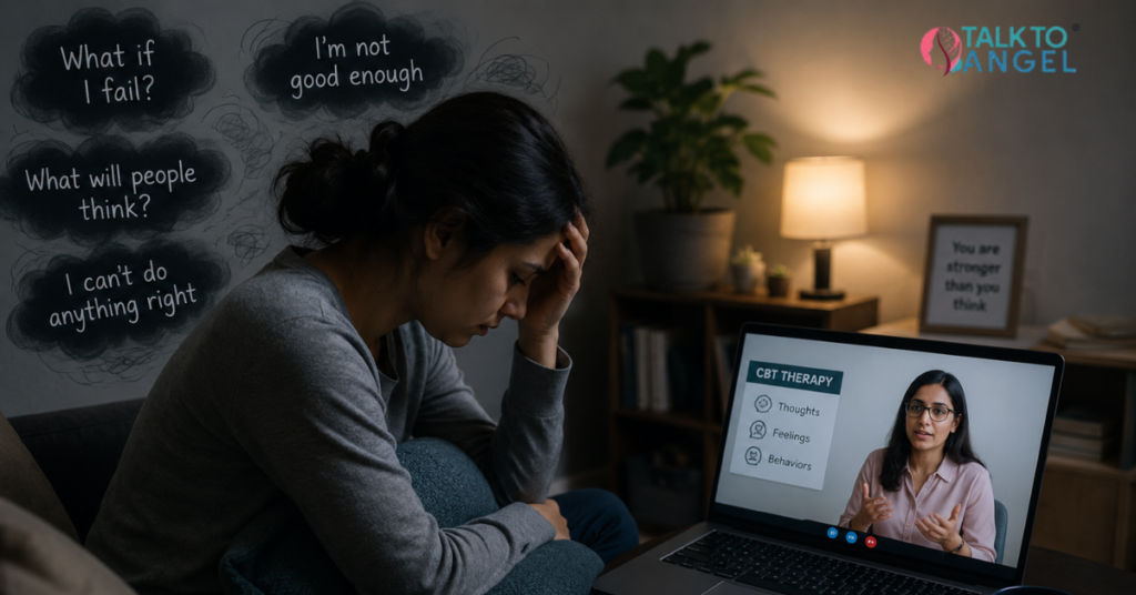 Person sitting alone in fear and anxiety while attending an online CBT therapy session on a laptop.
